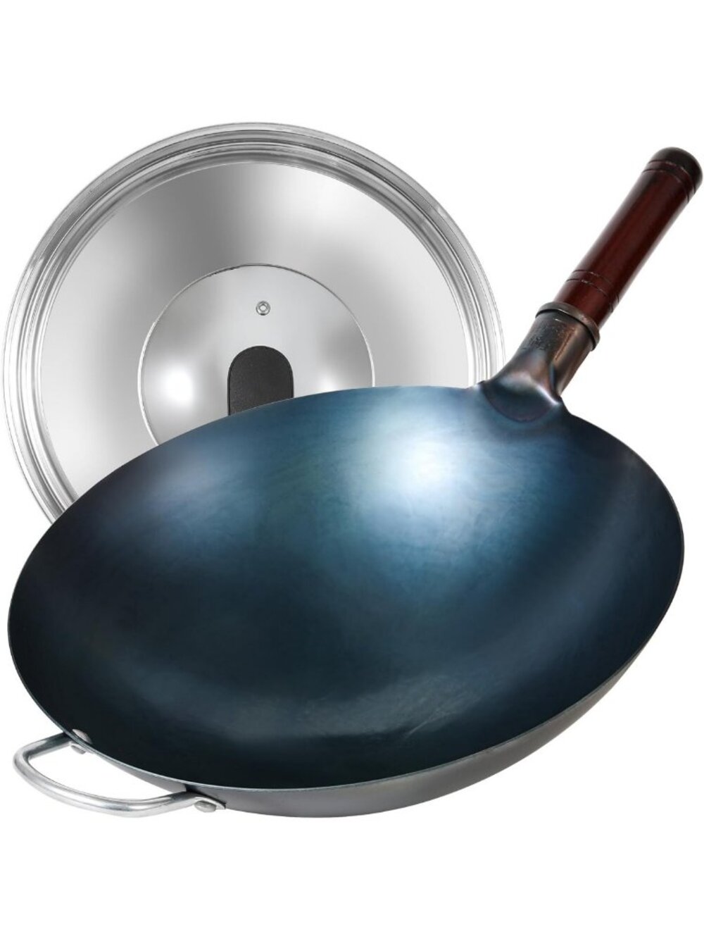14" Carbon Steel Round Bottom Wok - Nitrided & Blued, Perfect for Stir-Frying